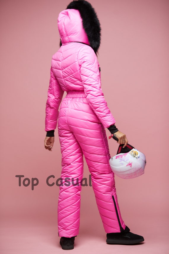 Traje de esquí rosa brillante para mujer Mono de esquí para mujer rosa  brillante con piel