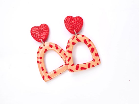 Red Love Dangle Earrings Geometric Term Peach Heart Love Earrings Red Love Dangle Earrings Geometric Term Peach Heart Love Earrings