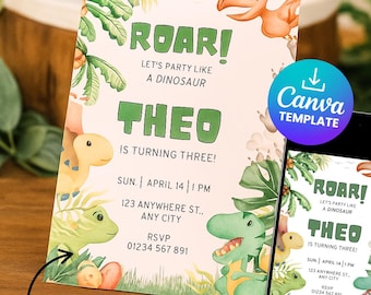 Dinosaur Birthday Invitation | Editable Dino Party, Kids (Canva Template)