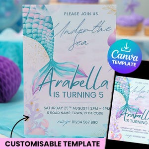 Mermaid Birthday Invitation Editable | Under the Sea Party Canva Template | Instant Download | Printable Girl Invitation | Digital Invite
