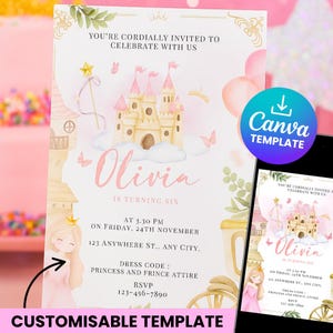 Invitación de cumpleaños con diseño de castillo de princesa rosa / Plantilla de Canva (Descarga digital)