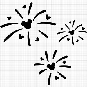 K&ouml;nnte beinhalten: Schwarzes Silhouette-Design mit Feuerwerksk&ouml;rpern mit Mickey Mouse-Kopf-Formen im Zentrum jedes Ausbruchs. Das Design umfasst drei unterschiedlich gro&szlig;e Feuerwerke, jedes mit radialen Linien und herzf&ouml;rmigen Akzenten.