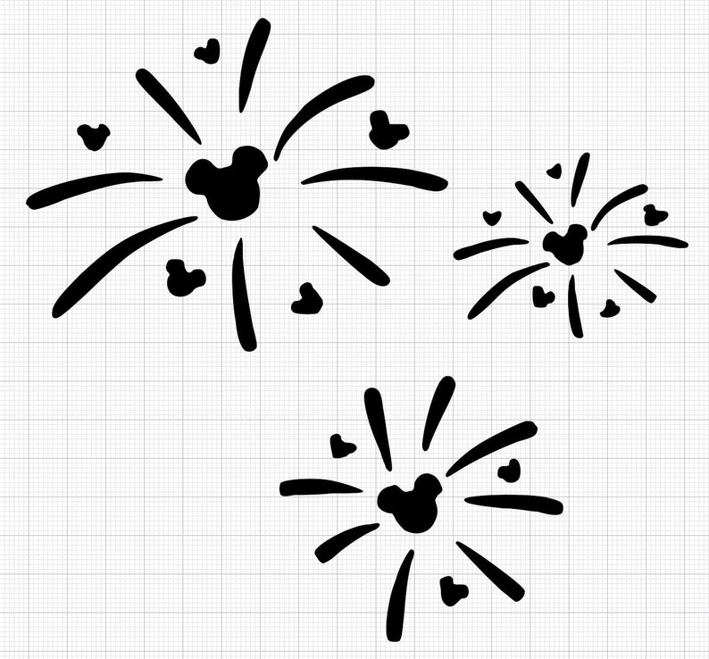 K&ouml;nnte beinhalten: Schwarzes Silhouette-Design mit Feuerwerksk&ouml;rpern mit Mickey Mouse-Kopf-Formen im Zentrum jedes Ausbruchs. Das Design umfasst drei unterschiedlich gro&szlig;e Feuerwerke, jedes mit radialen Linien und herzf&ouml;rmigen Akzenten.