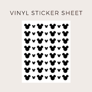 May include: Vinyl sticker sheet with a repeating pattern of black Mickey Mouse head silhouettes on a white background. The text "VINYL STICKER SHEET" is at the top of the image.