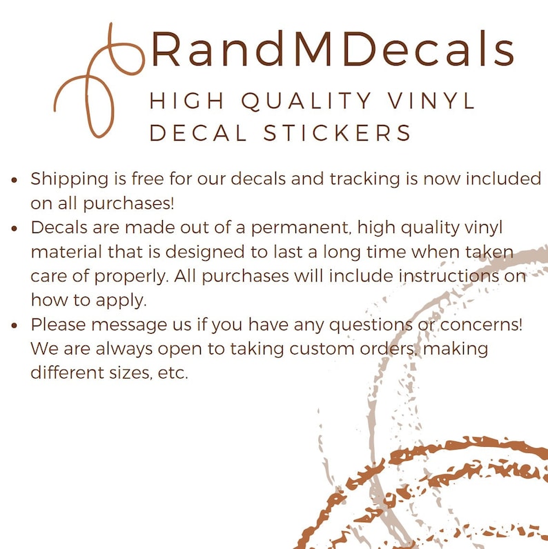 Puede incluir: La imagen muestra el logotipo de Rand MDecals, con un dise&ntilde;o de remolino marr&oacute;n y texto. El texto dice "HIGH QUALITY VINYL DECAL STICKERS". Texto adicional describe las calcoman&iacute;as como vinilo permanente de alta calidad.