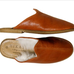 Comfy Cognac Handmade 100% Leather Wool Shearling Slippers