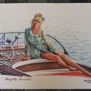 Sublime and large watercolor Brigitte Bardot on her Riva unique and large watercolor Brigitte Bardot on her Riva