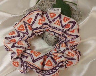 Orange Satin Scrunchie Geometric Pattern , Large Scrunchie Blue Orange Purple, Inca-pattern Scrunchie, Large Satin Scrunchie