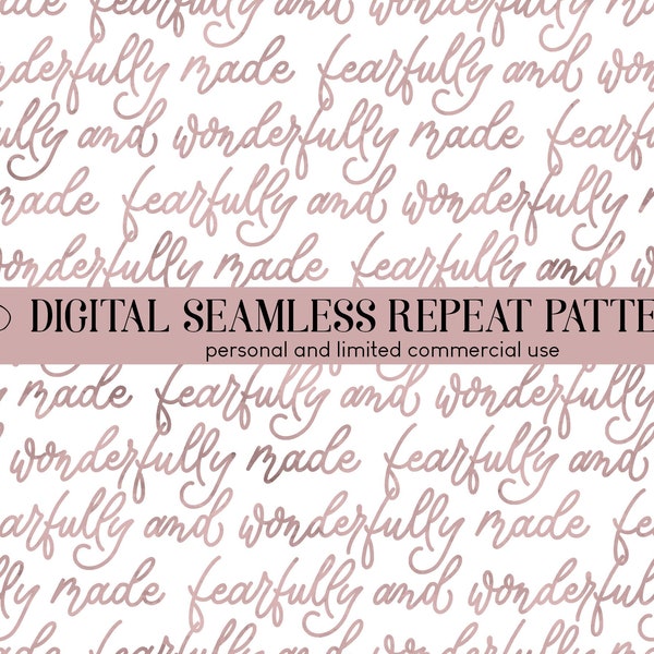 Fearfully and Wonderfully Made Seamless Pattern, Digital Repeat Design, Mauve Lettering, Digital Paper, Design for Fabric, Commercial Use