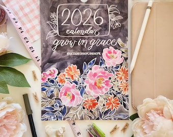 Australia 2026 Floral 'Grow in Grace' Bible Verse Art Calendar: A4 with Hanging Hook