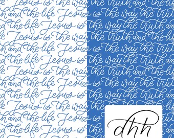 Patrón sin costuras de versículos bíblicos cristianos: diseño azul con letras a mano (JPG)