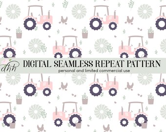 Pink Tractor Seamless Pattern: Farm Girl Fabric Design (Digital Download)
