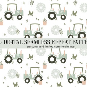 Peut inclure: Un motif sans couture répété représentant un tracteur vert, un poulet, une plante en pot et un motif de fleur stylisé sur un fond blanc. Le texte "DIGITAL SEAMLESS REPEAT PATTERN" est en haut de l'image, et le texte "personal and limited commercial use" est en dessous.