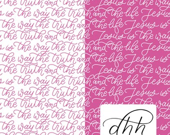 Naadloos patroon christelijk bijbelvers: roze ontwerp met handletters (JPG)