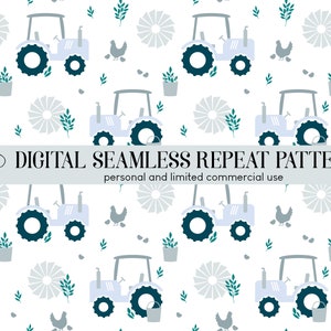 Puede incluir: Un patrón repetido sin costuras que presenta un tractor azul claro, hojas verdes, molinetes grises y pollos blancos sobre un fondo blanco. El texto "DIGITAL SEAMLESS REPEAT PATTERN" está en la parte superior del patrón, y el texto "personal and limited commercial use" está debajo.