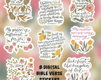 Afdrukbare stickers met bijbelvers bloemen: digitale download, png