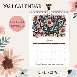 2024 Christian Art Calendar, A4 Calendar, Scripture Verses, Watercolor Florals, Bible Verse Calendar, Christian Stationery, by Alexandra