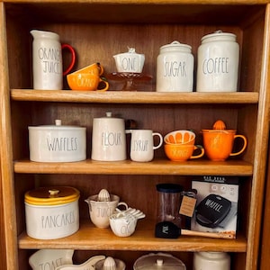Rae Dunn Kitchen Breakfast Set: orange juice, coffee, bacon, pancakes, waffles, measuring cups, sugar, flour, coffee mugs, mugs, plates!!