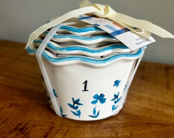 Set di misurini da cucina della collezione Farmline di Rae Dunn by Magenta. Interamente bianco con fiori blu.