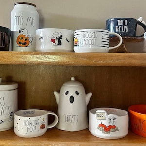 Rae Dunn Halloween Dog + Cat Bowls and dog treat canisters!