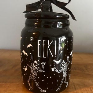 Rae Dunn Halloween Jar/Container - “Eek!” treat jar all black with skeletons