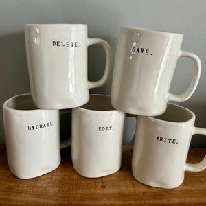 Rae Dunn Coffee Mug: Writer/Author Theme - Delete, Save, Edit, Hydrate, Write