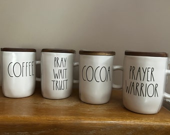 Rae Dunn Coffee Mugs with wooden lids