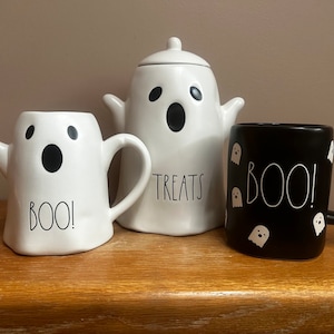 Rae Dunn Halloween BOO! mugs and canister
