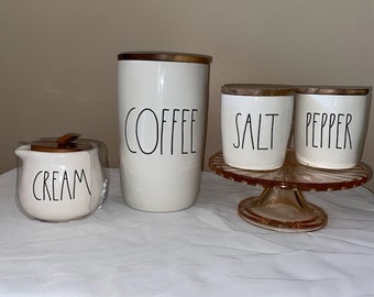 Rae Dunn Kitchen Canisters: Keep, Hold, Save. Coffee, Cream, Salt and Pepper