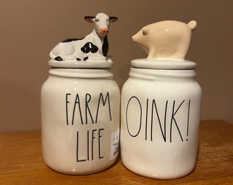 Rae Dunn Farmline - Bocaux/récipients « Farmlife » et « Oink » pour vaches et porcs