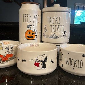 Rae Dunn x Peanuts Snoopy Halloween Dog bowls and canisters for treats!