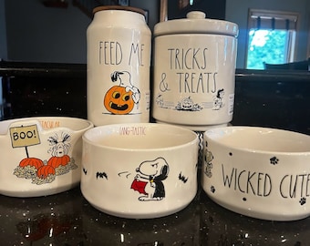 Rae Dunn x Peanuts Snoopy Halloween Dog bowls and canisters for treats!