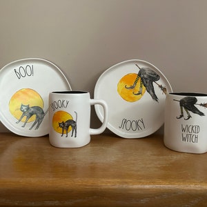 Rae Dunn Halloween Spooky Witch plate and BOO! Cat plate and mugs