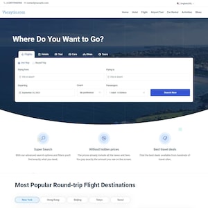 Könnte beinhalten: Ein Screenshot einer Website für die Buchung von Reisen mit einer Suchleiste für Flüge, Hotels und andere Reiseoptionen. Die Website bietet auch einen Bereich mit beliebten Hin- und Rückflügen sowie einen Bereich mit Hotelangeboten in Ihrer Nähe.