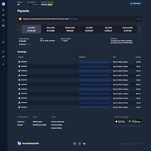 May include: A screenshot of a website showing a dashboard with a list of bookings and earnings. The website is called Travelpayouts and the dashboard shows the earnings for the month of March 2024. The earnings are displayed in a table with columns for the booking ID, date, and earnings.