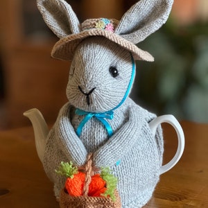 Tea Cosy knitting pattern. PDF digital download. Rowena Rabbit Tea Cosy knitting pattern to fit a 6 cup tea pot.
