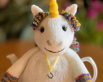 Tea Cosy knitting pattern. PDF digital download. Rainbow Unicorn Tea Cosy knitting pattern to fit a 6 cup tea pot.