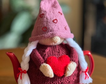 Miss Valentine Gonk Tea Cosy knitting pattern. PDF digital download. Fits a 2.5 pint/6 cup tea pot.