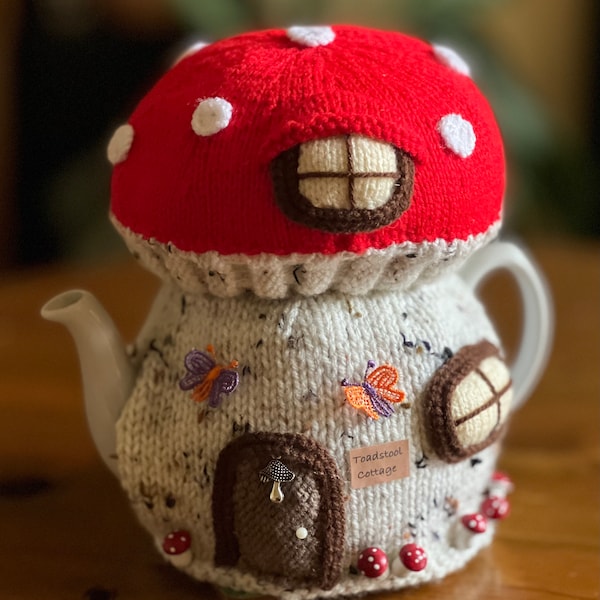 Autumn Toadstool fairy House Tea Cosy knitting pattern. PDF digital download. Fits a 2.5 pint/6 cup tea pot.