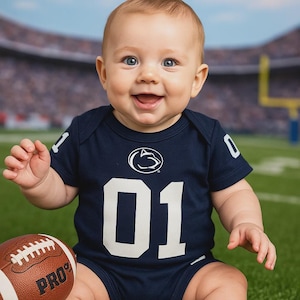 Smiling baby sitting on a football field with a blurred stadium in the background, wearing a navy football-style onesie featuring a white number 01 on the front below the Penn State logo and a small football beside them.