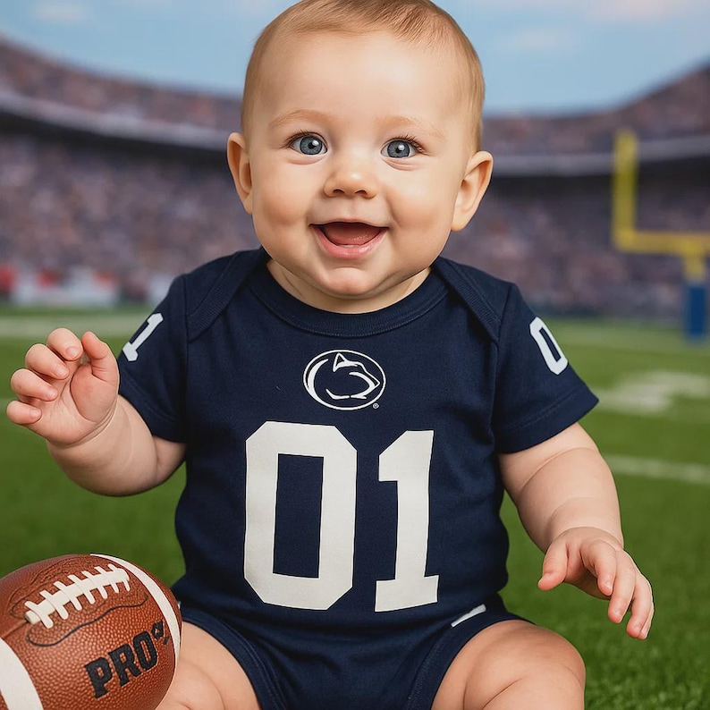 Smiling baby sitting on a football field with a blurred stadium in the background, wearing a navy football-style onesie featuring a white number 01 on the front below the Penn State logo and a small football beside them.