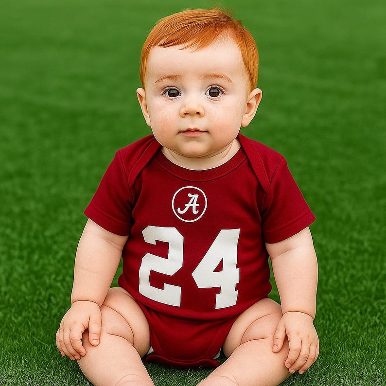 May include: A baby in a maroon bodysuit with the number 24 in white and a white letter "A" inside a circle. The baby has red hair and is sitting on green grass.