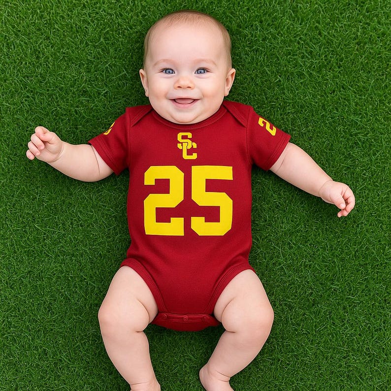 Baby lying on grass wearing a maroon football-jersey-style onesie with gold details, featuring the USC Trojans logo and number 25 on the front.