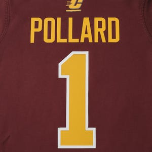 May include: Maroon jersey with the name "POLLARD" in yellow block letters above a large yellow number "1" outlined in white. A small logo is above the name.
