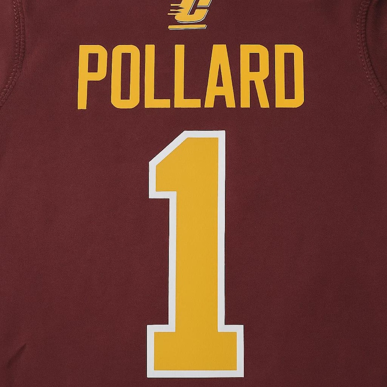 May include: Maroon jersey with the name "POLLARD" in yellow block letters above a large yellow number "1" outlined in white. A small logo is above the name.