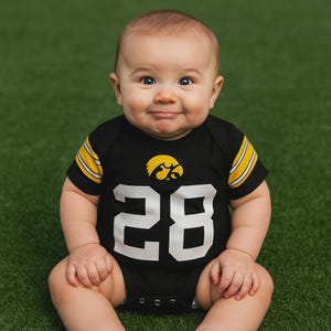 A baby wearing a black Iowa Hawkeyes football jersey onesie. The jersey has yellow and white stripes on the sleeves, the number 28 in white on the front, and the Iowa Hawkeyes logo in yellow. The baby is sitting on green grass.