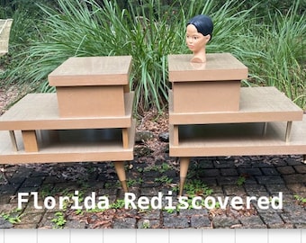 Mid Century Modern End Tables Three Tier,  Pair, Wood, Formica and Metal, Atomic, Asian, Modern Chinoiserie at Florida Rediscovered