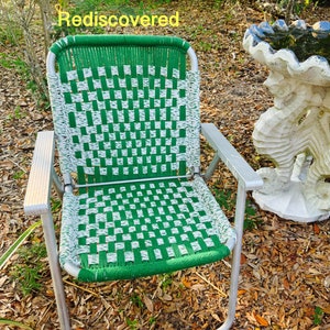 Macrame Lawn Chair Vintage  Lawn ChairVintage  Green and White Lawn Chair Macrame Beach Camping Fire Pit 1970s at Florida Rediscovered