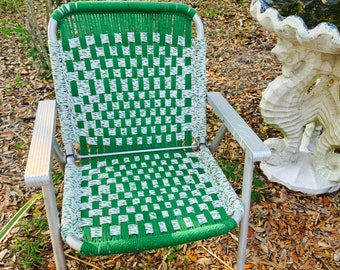 Macrame Lawn Chair Vintage  Lawn ChairVintage  Green and White Lawn Chair Macrame Beach Camping Fire Pit 1970s at Florida Rediscovered