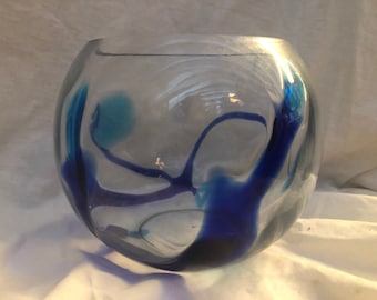 Art Glass, Mid Century, Art Glass Bowl, Abstract, Blue, Swirling, MCM Bowl, Foyer, Buffet, Dining Table, Glass Sculpture, Mouth Blown Glass